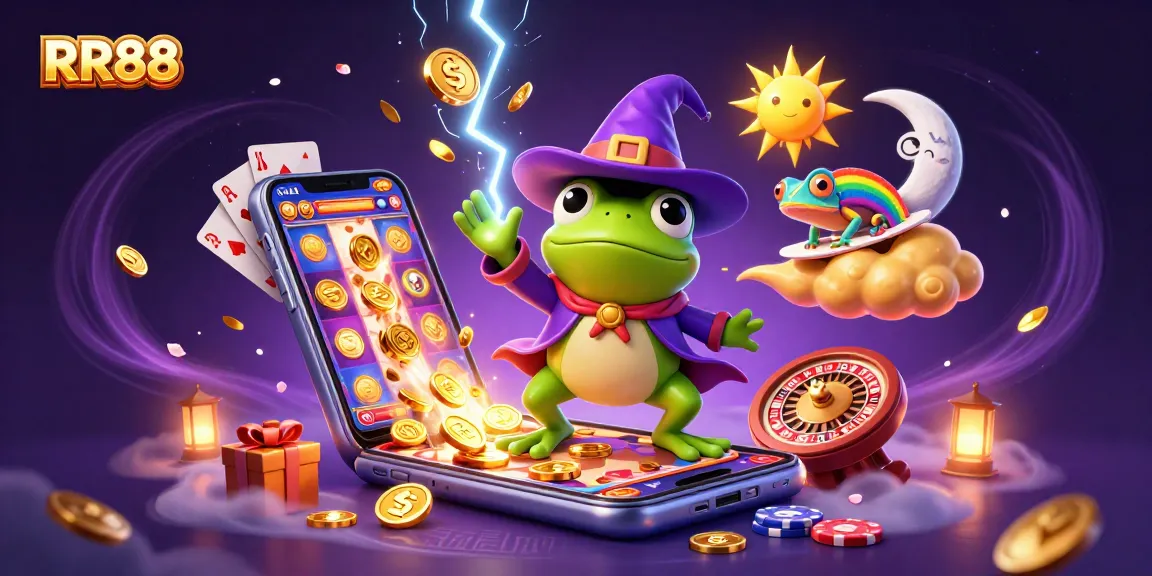 Experience the excitement of RR88 with a wizard frog and rainbow chameleon in a vibrant casino scene.