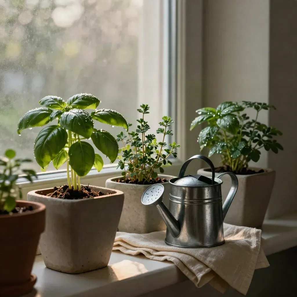 Mini herb pots with basil, thyme, and a small watering can on a dawn-lit windowsill.