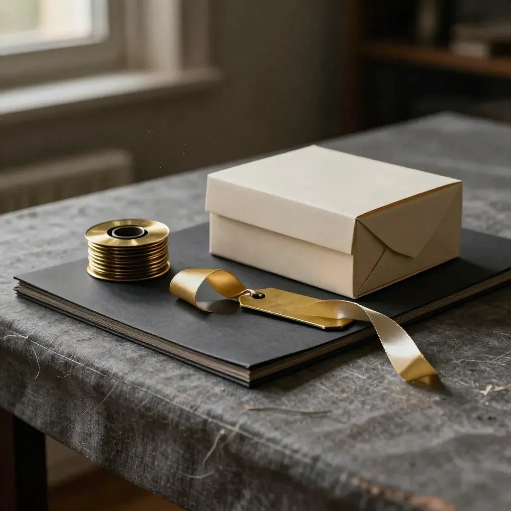Gold wrapping materials with a cut ribbon on linen in soft window light.