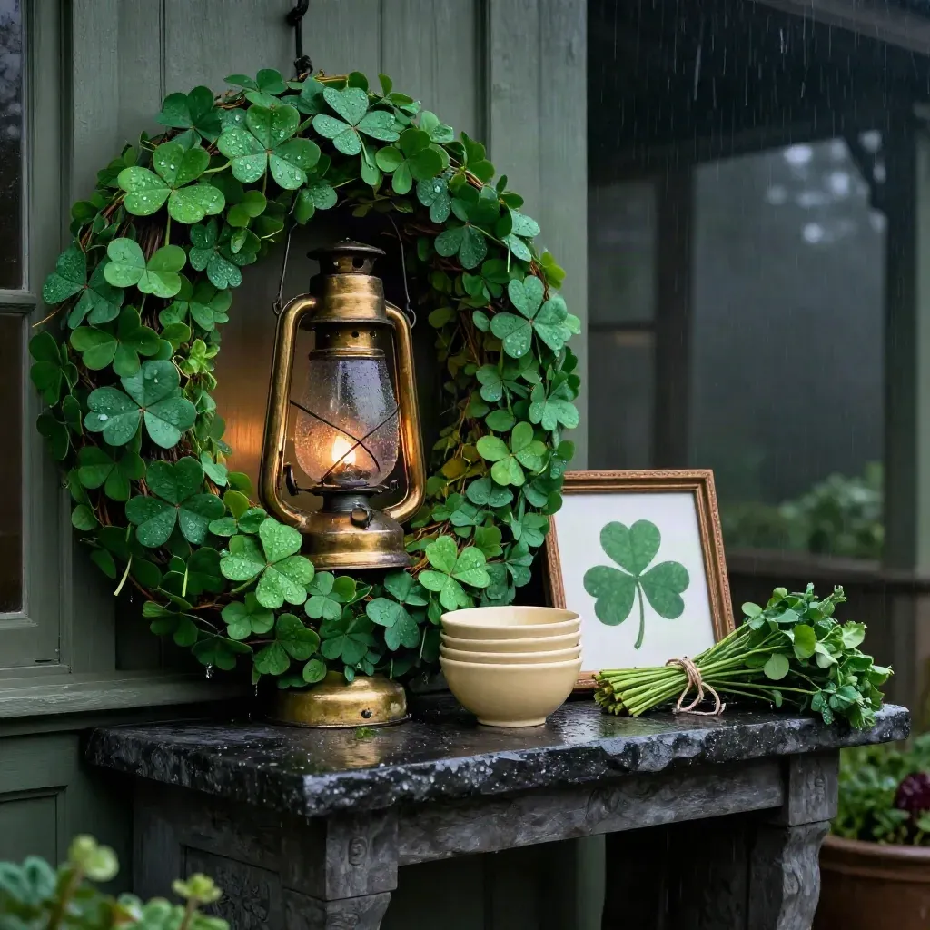 Rain-kissed shamrock wreath, brass lantern, bowls, herbs and clover print on a stone console.
