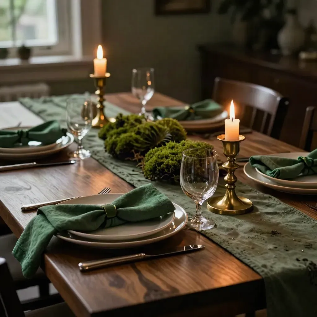 Dining table with green napkins, brass candlesticks, cream plates, and a moss centerpiece in candlelight.
