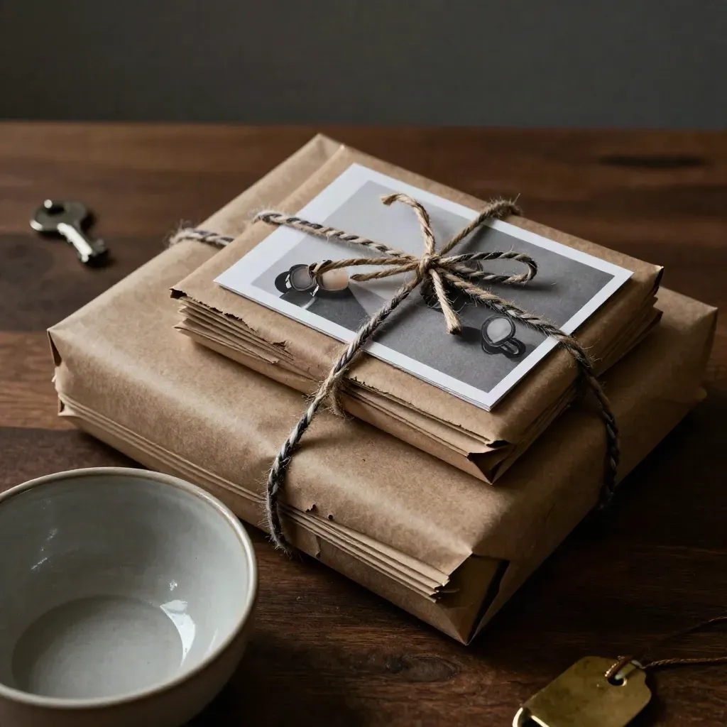 Top-down dark gift wrap parcels with twine, gold tag, mug, candle and cards beside a ceramic bowl.