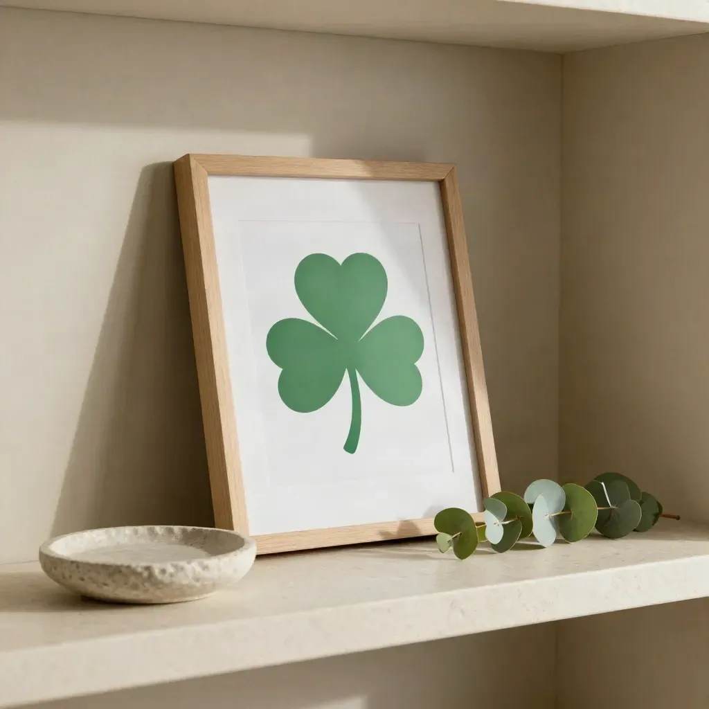 Framed clover print leans beside a shelf bracket, stone dish, and eucalyptus in warm window light.