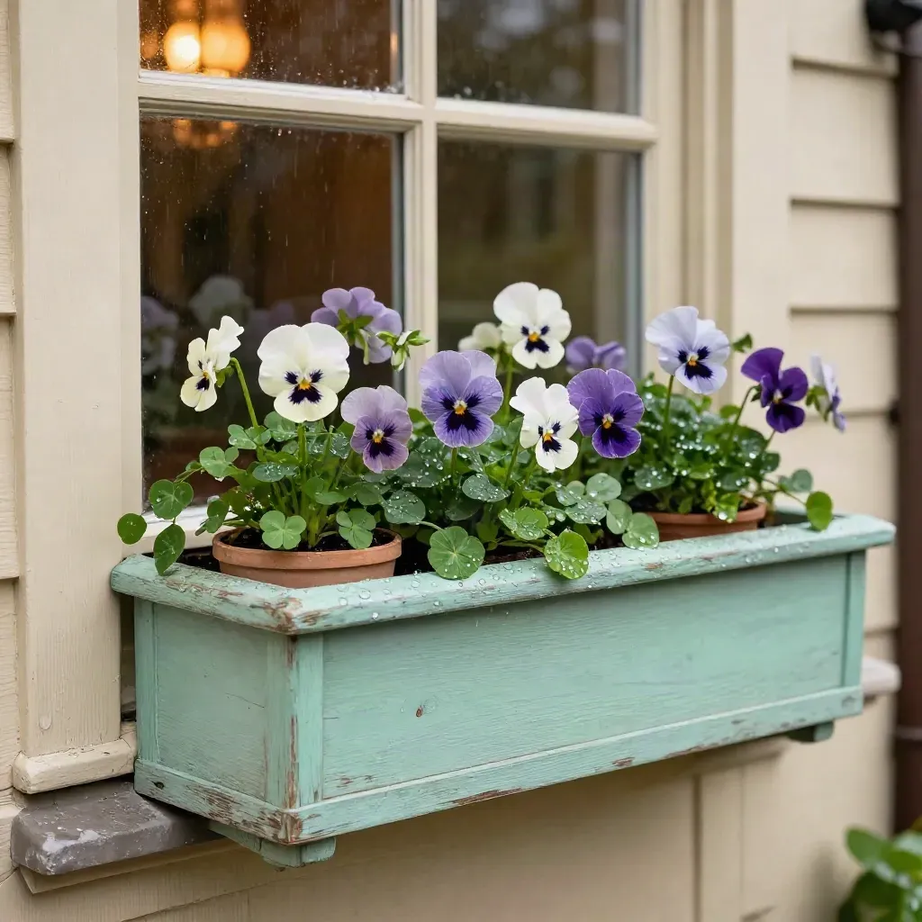 Rain-beaded pansies, clover, and herbs in a mint window box beneath a warm cream window