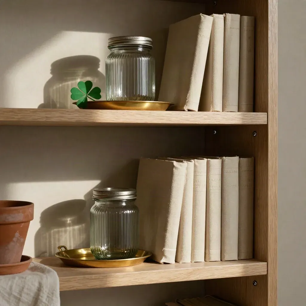 Cream books, glass jars, a shamrock accent, and a gold-trim tray on a sunlit shelf.