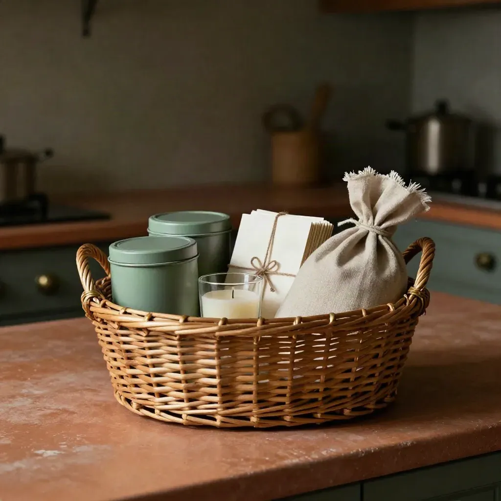 Basket of host gifts with tea tins, candle, cards, and a linen bundle on terracotta clay.