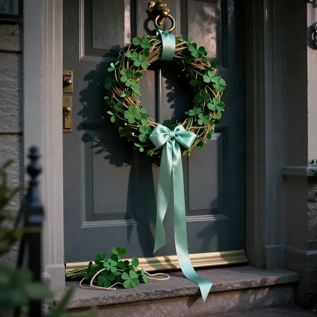 Shamrock wreath on a front door, ribbons lifted by a porch breeze