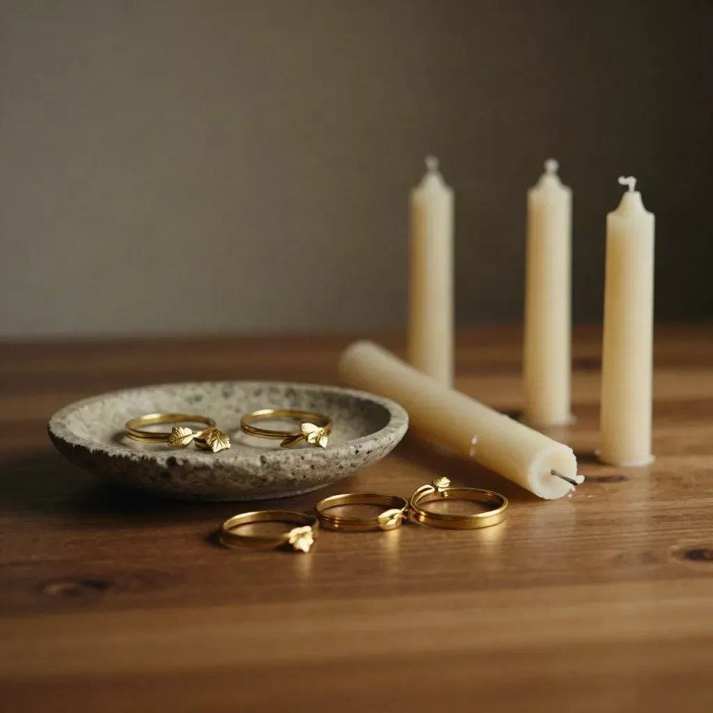 Gold candle rings beside cream tapers on a stone dish in a moody tabletop still life.