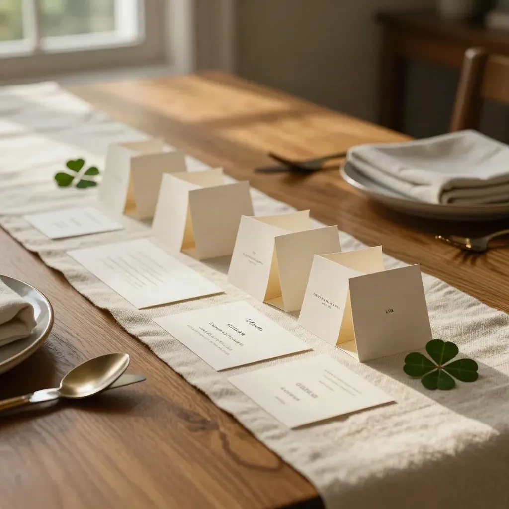 Clover place cards on a linen runner at a warm dinner table with soft daylight.