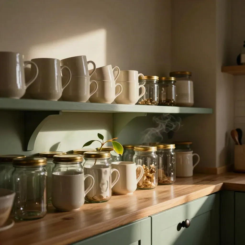 Green kitchen shelf with mugs, glass jars, and a plant in warm sunlight.