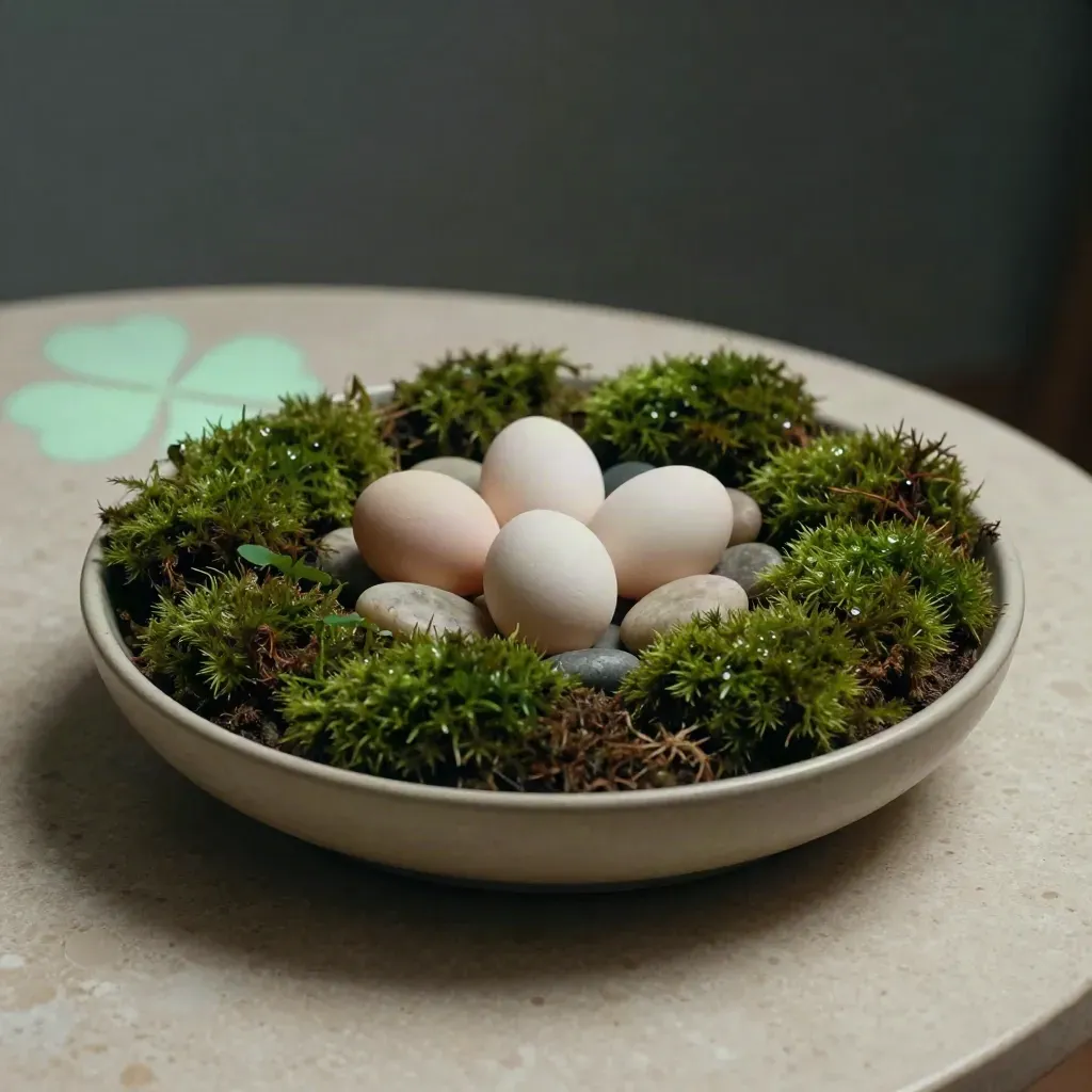 Moss bowl centerpiece with pale eggs and smooth stones on a travertine table, lit from upper left.