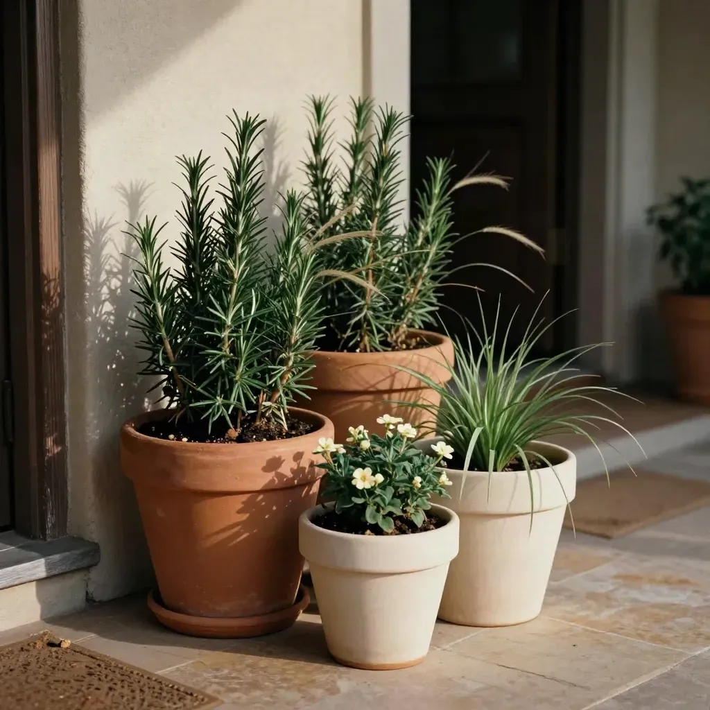 Floor-level view of matte front door planters with tall greens and cream blooms in a breezy entry.