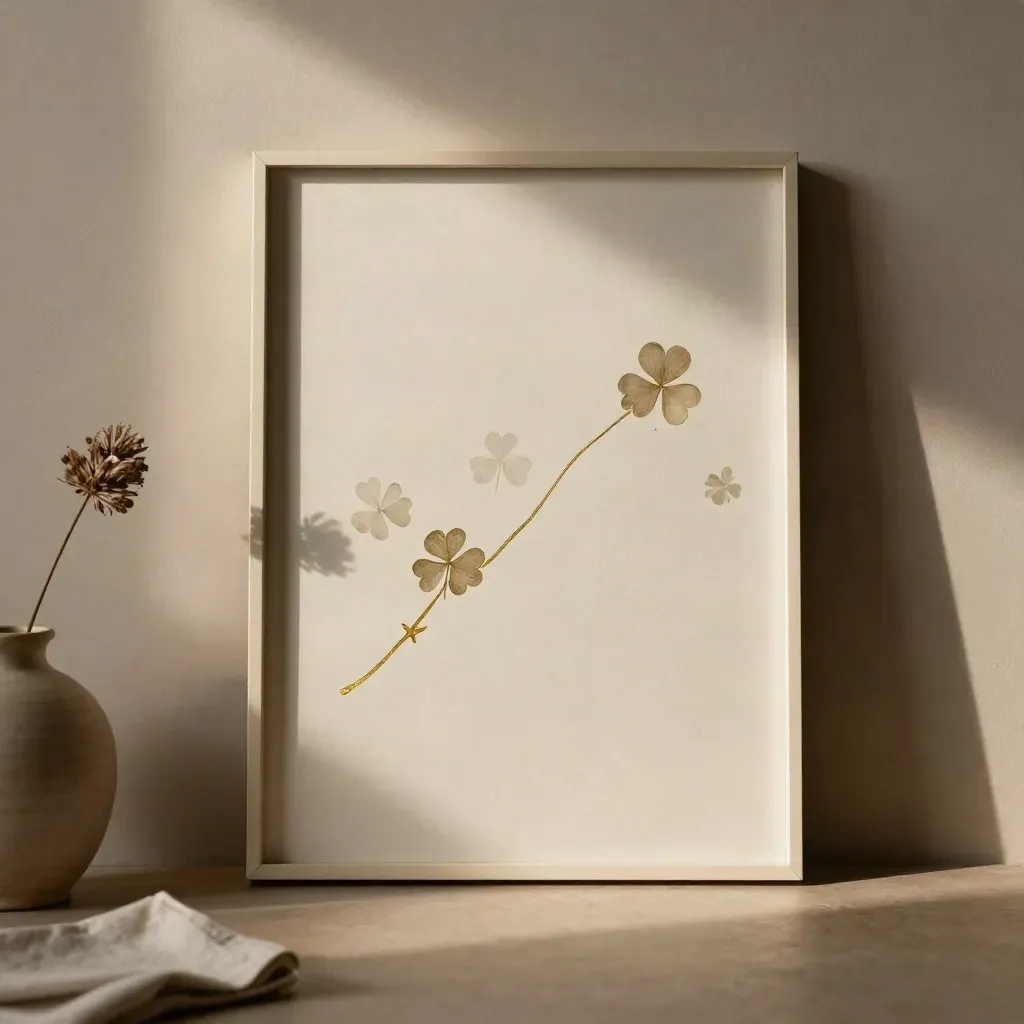 Cream wall art with clover marks and a gold line leaning against a warm wall.