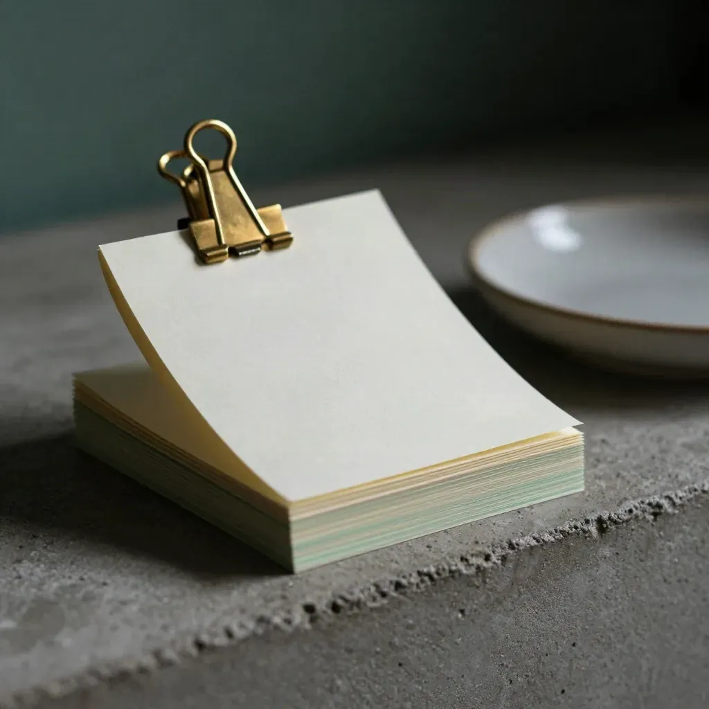 Macro note cards with green edges, brass clip, and ceramic dish on cool concrete.