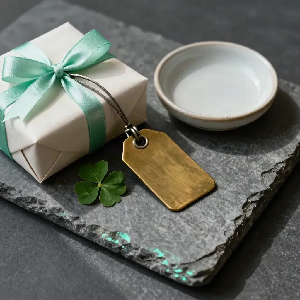 Brass gift tag on a wrapped parcel beside clover sprig and ceramic dish, softly lit from above