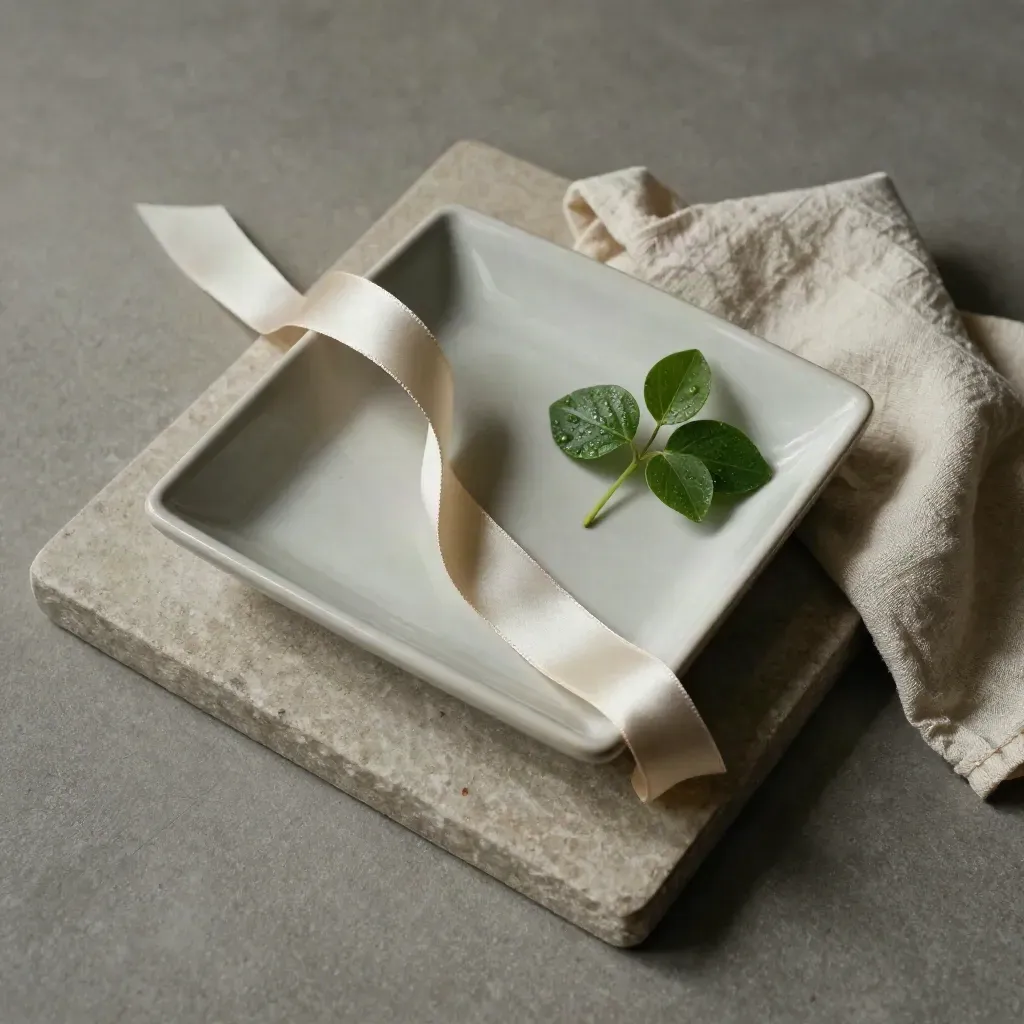 Top-down stone tray with a ceramic dish, ribbon loops, a plant cutting, and folded cream cloth