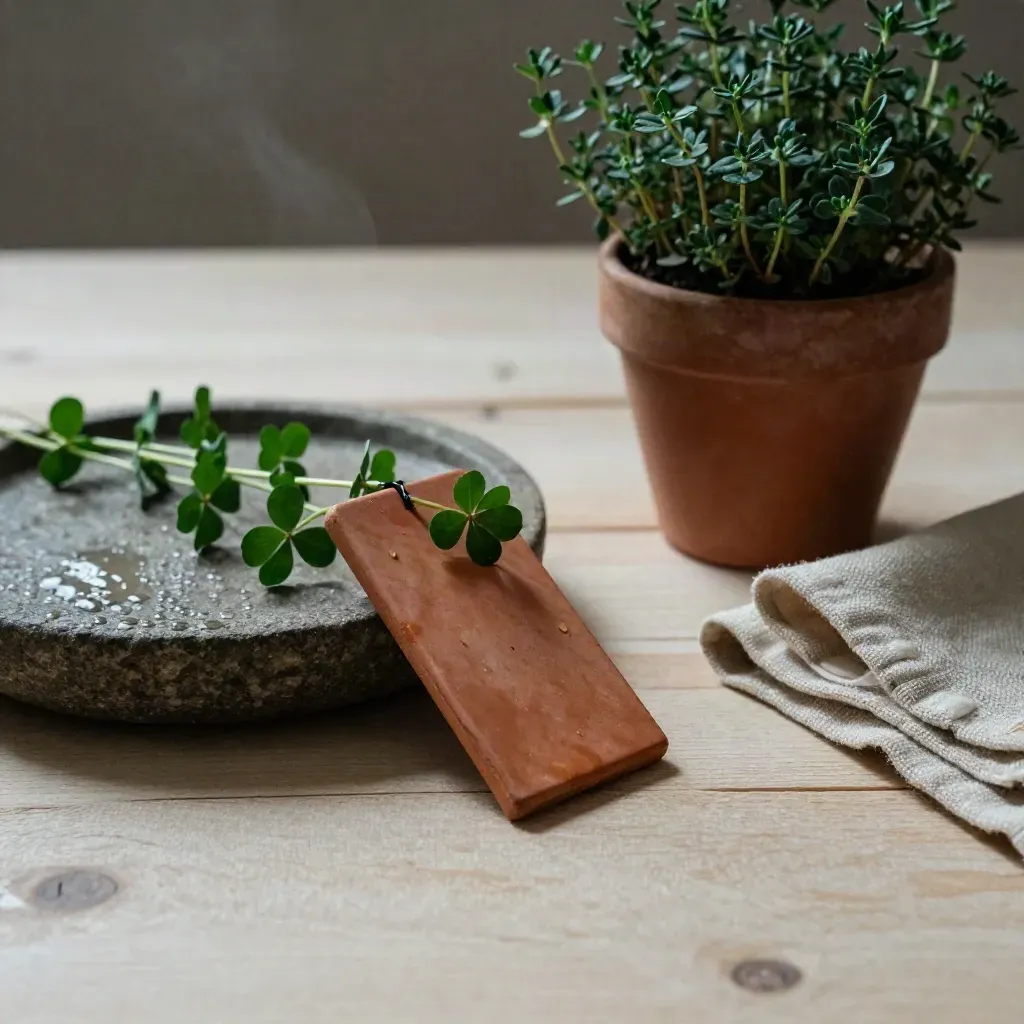 Terracotta herb marker with clover stems, a stone saucer, thyme pot and linen on pale wood.