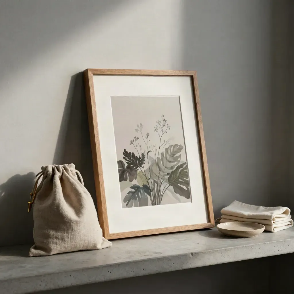 Framed art mockup with linen pouch and brass clip on a stone shelf