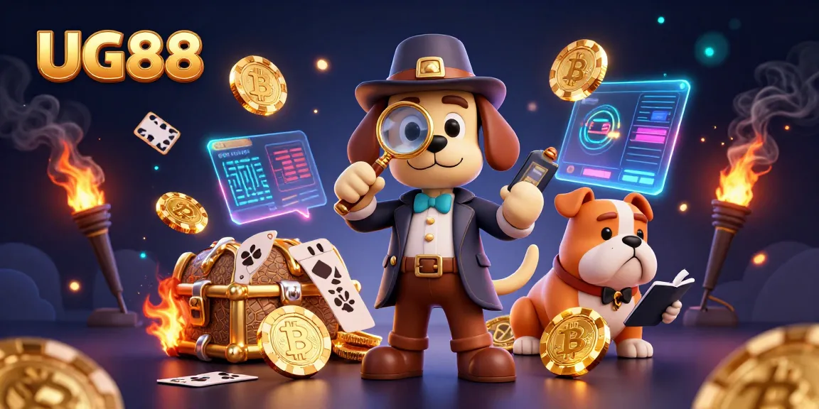 Engage with UG88's thrilling poker chip clue search in a vibrant 3D casino scene.