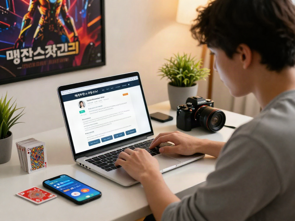 Engaging with 먹튀스팟 검증사이트 on a laptop, emphasizing online safety in gambling.