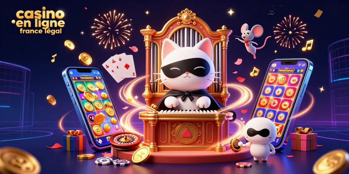 Illustration dynamique représentant le jeu dans un casino en ligne France légal avec un chat fantôme et des éléments ludiques.