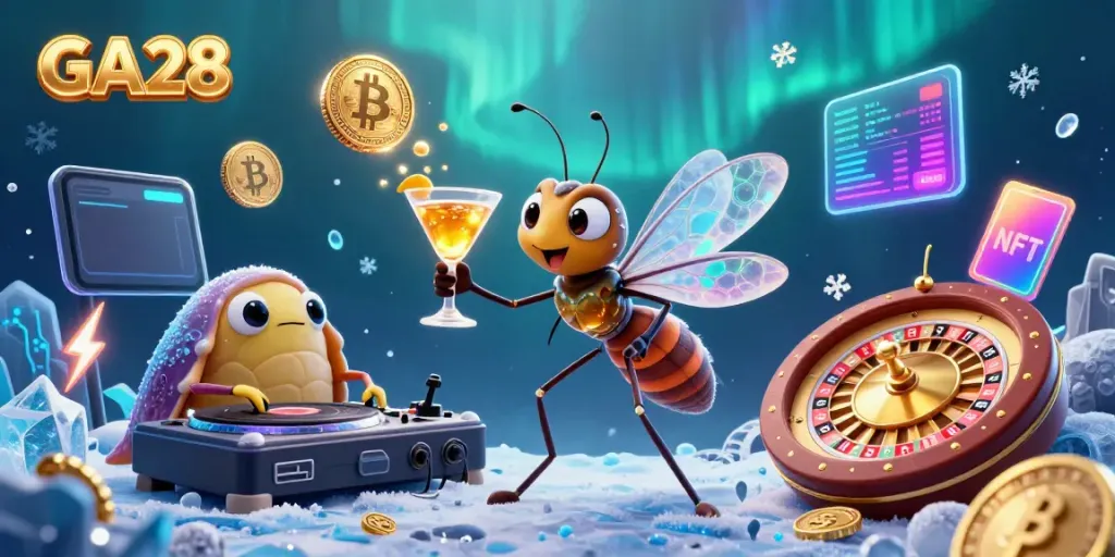 Experience excitement at GA28 with a dynamic casino scene featuring a 3D mosquito mascot, trilobite DJ, and golden roulette.