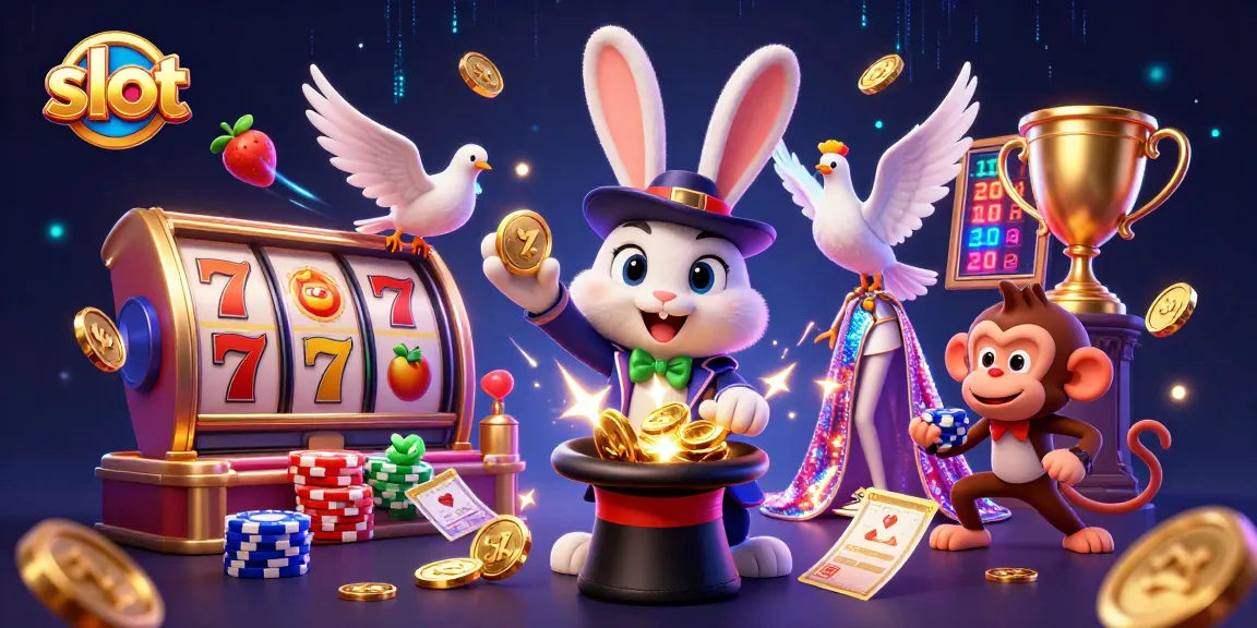Slot dengan karakter sihir menarik koin emas, burung merpati, dan monyet penipuan dalam satu ilustrasi.