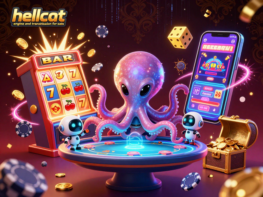 Engage with a vibrant scene showcasing the hellcat engine and transmission for sale alongside playful aliens and dynamic casino elements.