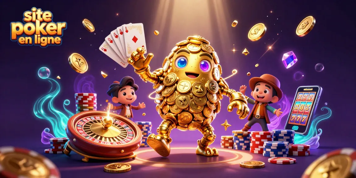 Venez découvrir le site poker en ligne avec un golem doré et des jetons de poker colorés en action.