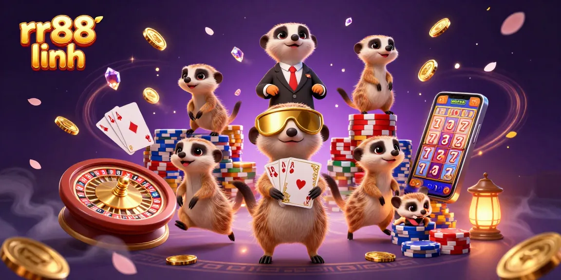 Experience thrilling gaming action at rr88 linh with playful meerkats orchestrating a busy casino scene.