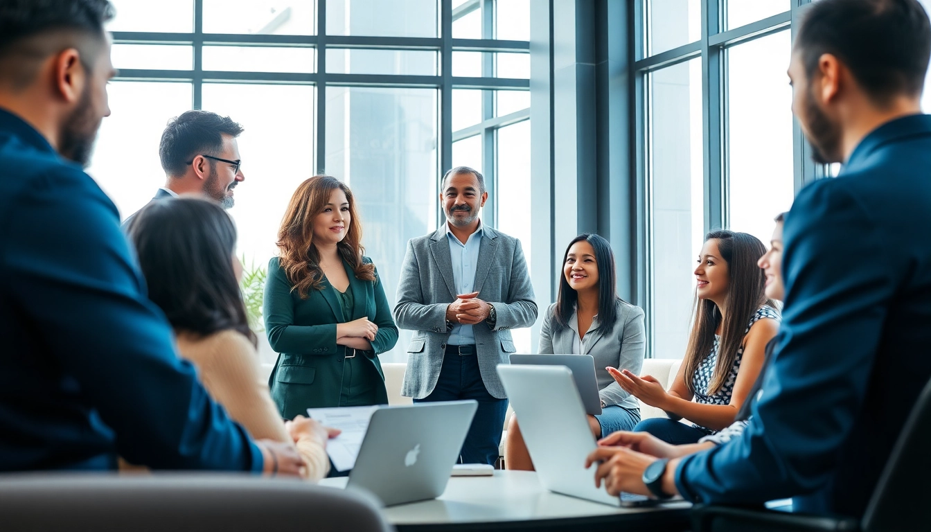 Engaging scene of Career coaching with a mentor guiding a group in a modern office setting.