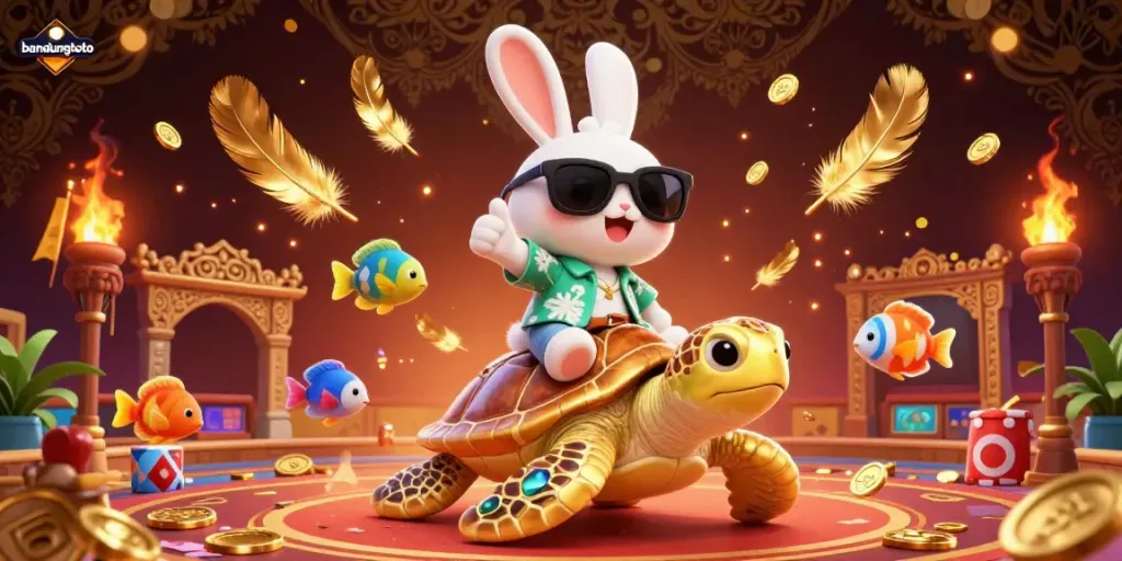 Enjoy an exciting gaming adventure with bandungtoto, featuring a lucky rabbit and a golden turtle amidst vibrant casino elements.