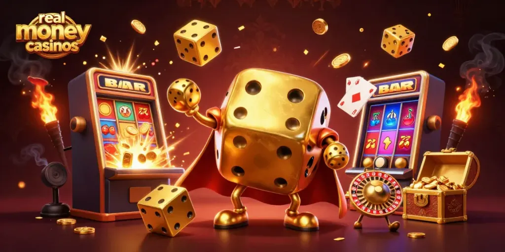 Experience the thrill of real money online casinos with a dynamic casino scene featuring golden dice and vibrant game elements.