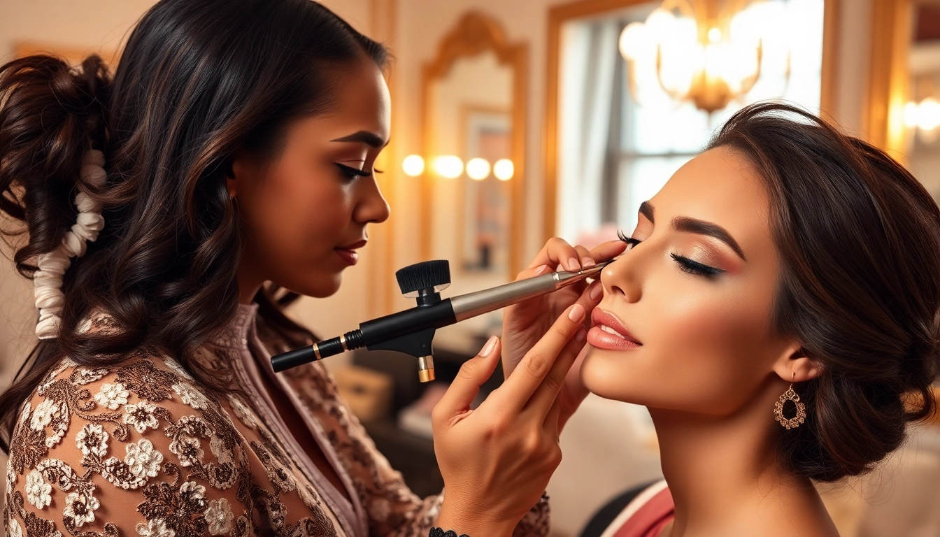 Airbrush makeup artist Dallas expertly applying makeup to a model in a chic studio setting.