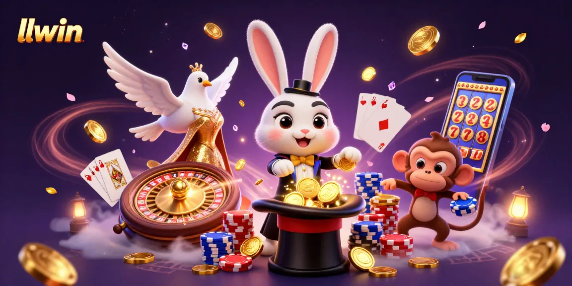 LLWIN magician rabbit conjures golden coins in a vibrant casino scene filled with excitement and energy.