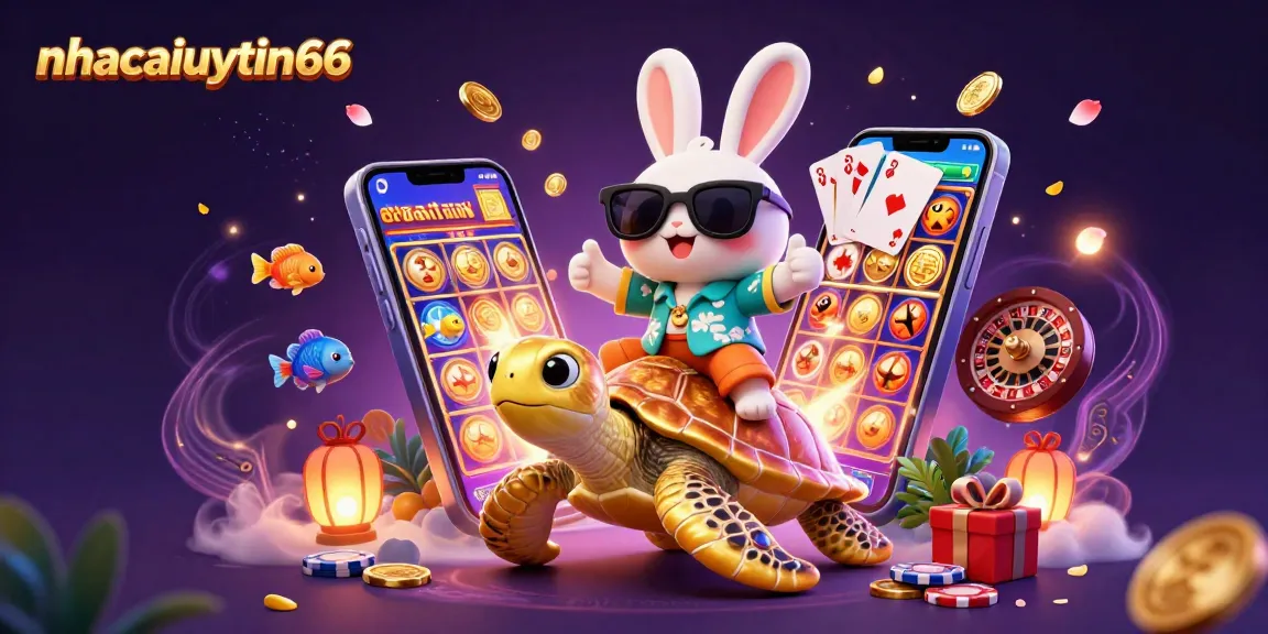 Experience vibrant casino thrills with nhacaiuytin66's lucky rabbit and golden turtle in a dynamic 3D scene.