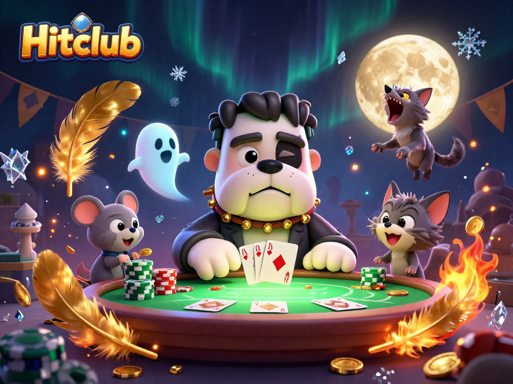 Hitclub showcases a vibrant 3D scene with a cartoonistic Frankenstein bulldog dealing cards at a spooky table