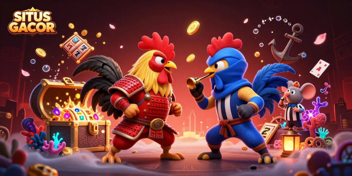 SITUS GACOR showcases a dramatic showdown of cartoon roosters amidst a vibrant casino scene.