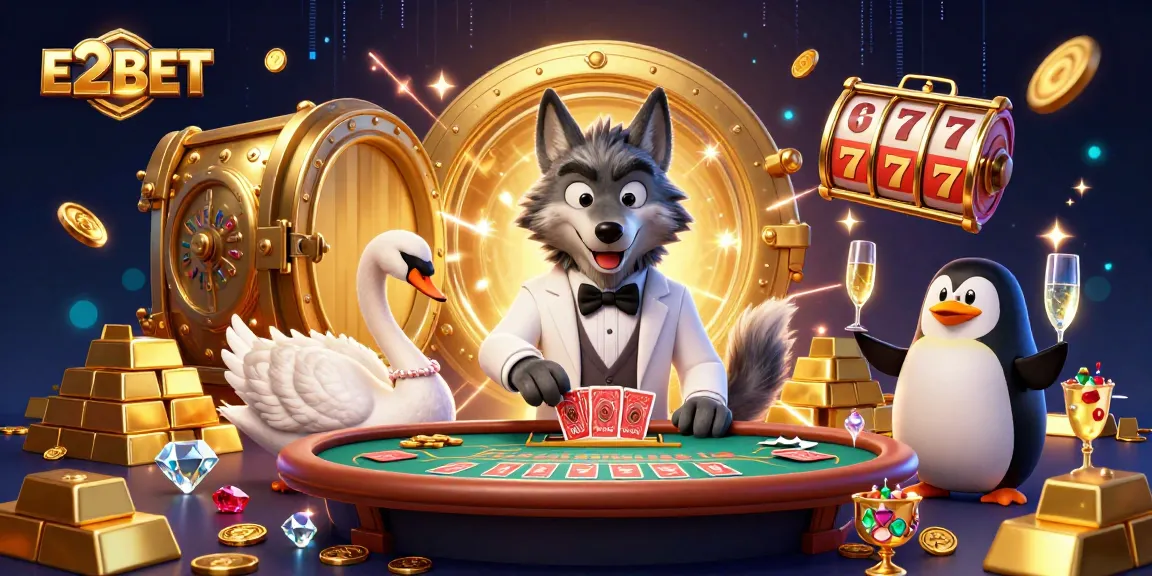 E2BET's vibrant, engaging scene showcasing a debonair wolf at the baccarat table, highlighting casino excitement.