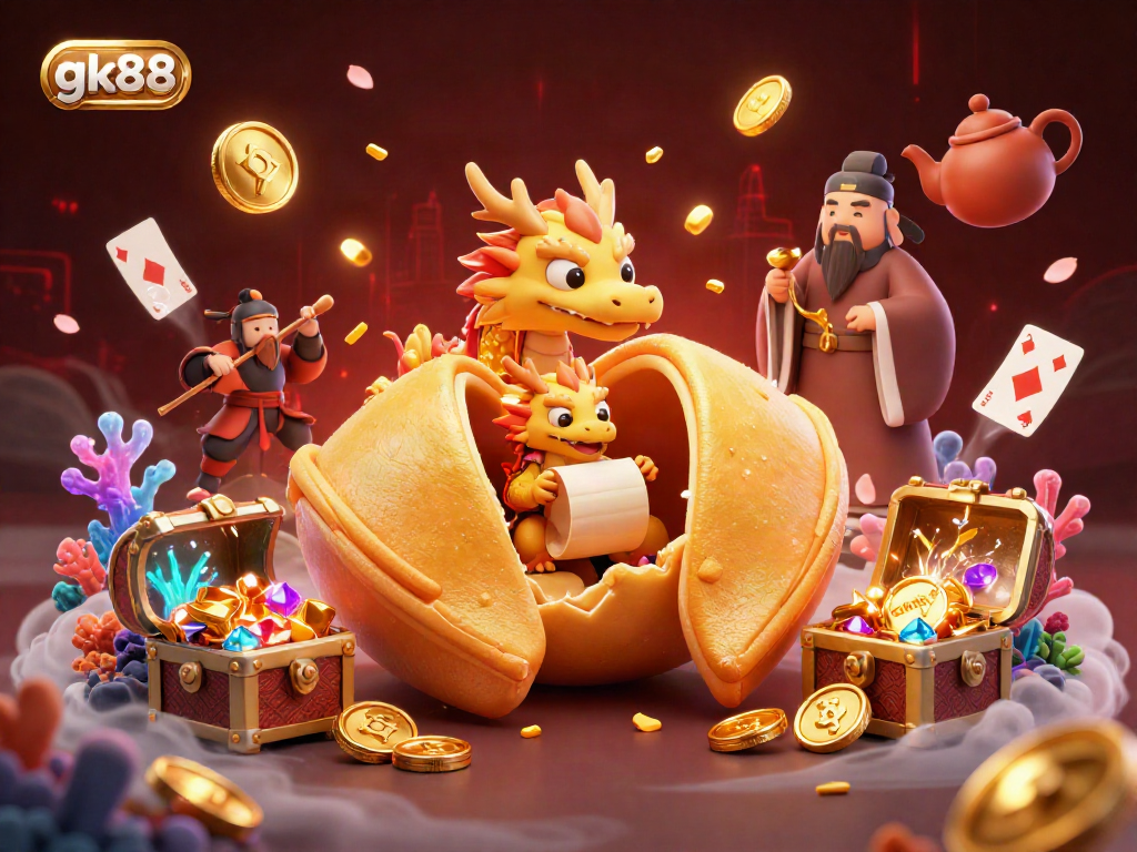 Engage with gk88's dynamic gaming adventure featuring a golden fortune cookie and dragon in a lavish casino setting.