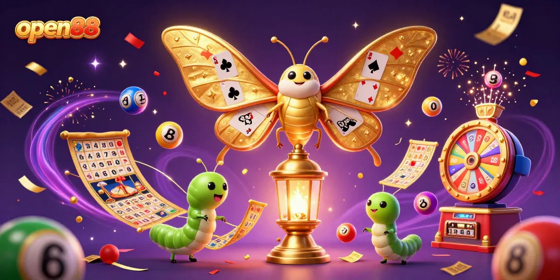 Join the exciting casino adventures with open88 featuring a vibrant illustration of a 3D atlas moth and colorful game elements.
