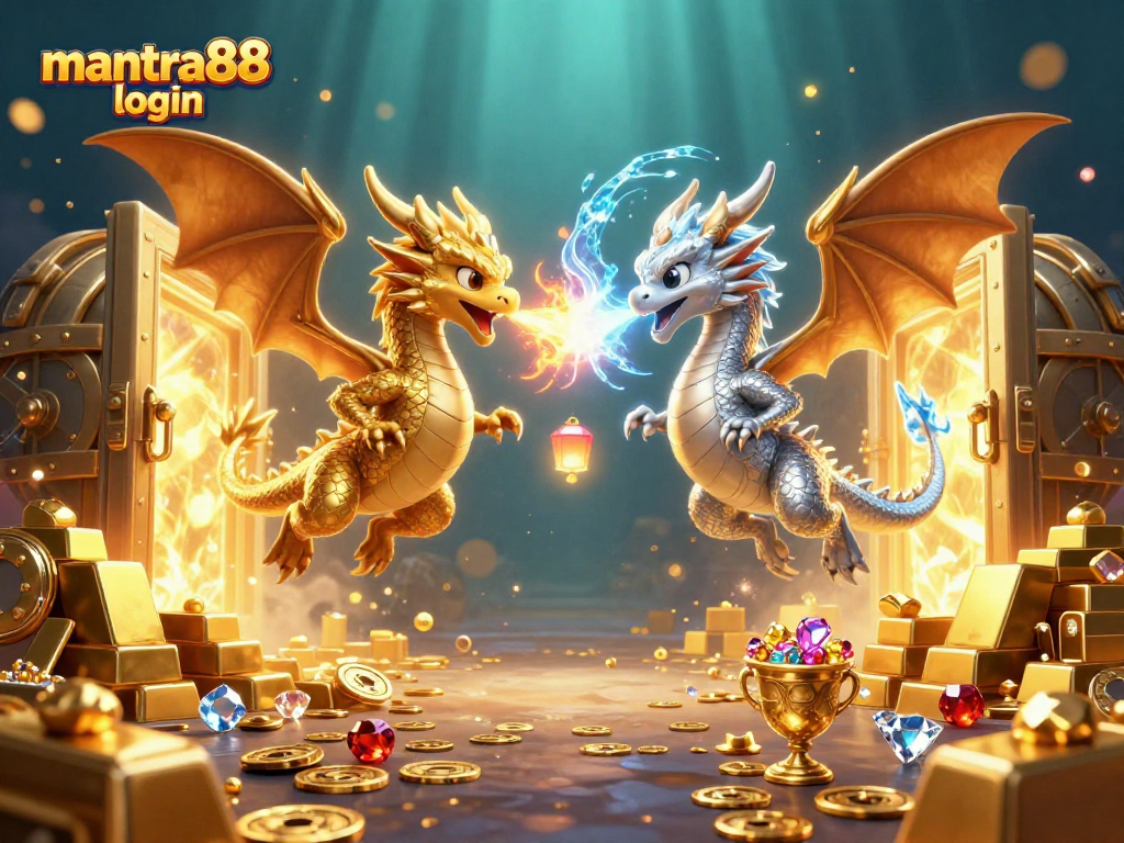Experience excitement with mantra88 login as twin dragons battle in a vibrant, treasure-filled casino scene.