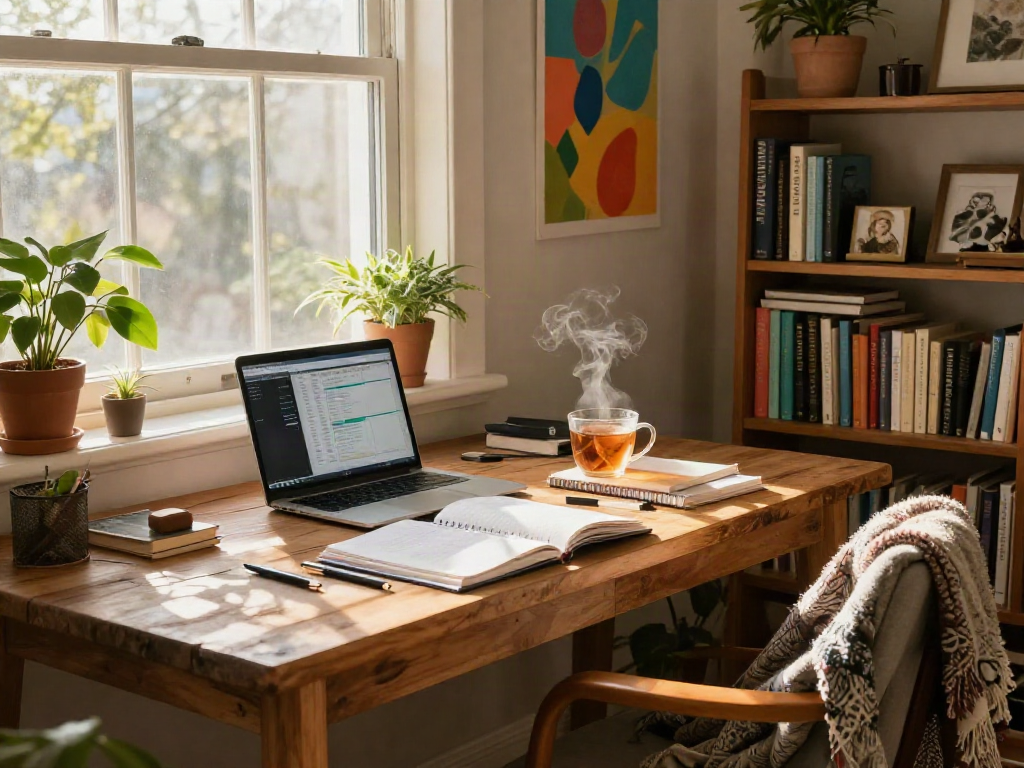 Writer using a conversational tone in a cozy home office filled with warm light.