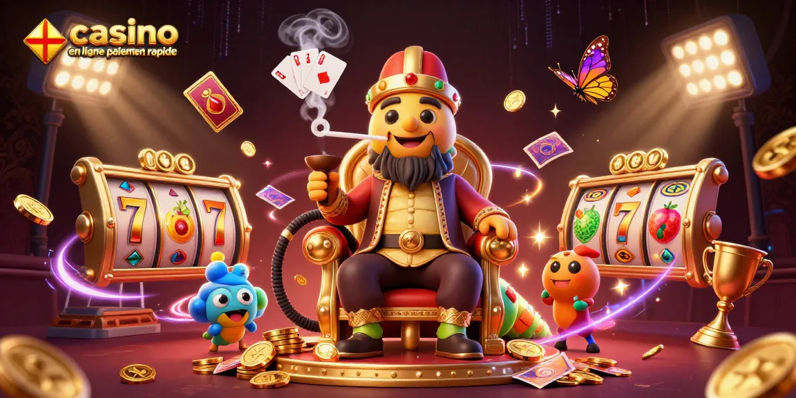 Illustration dynamique du "casino en ligne paiement rapide" avec un maître narguilé de chenille en costume de sultan sur un trône doré, entouré d'éléments de jeu.