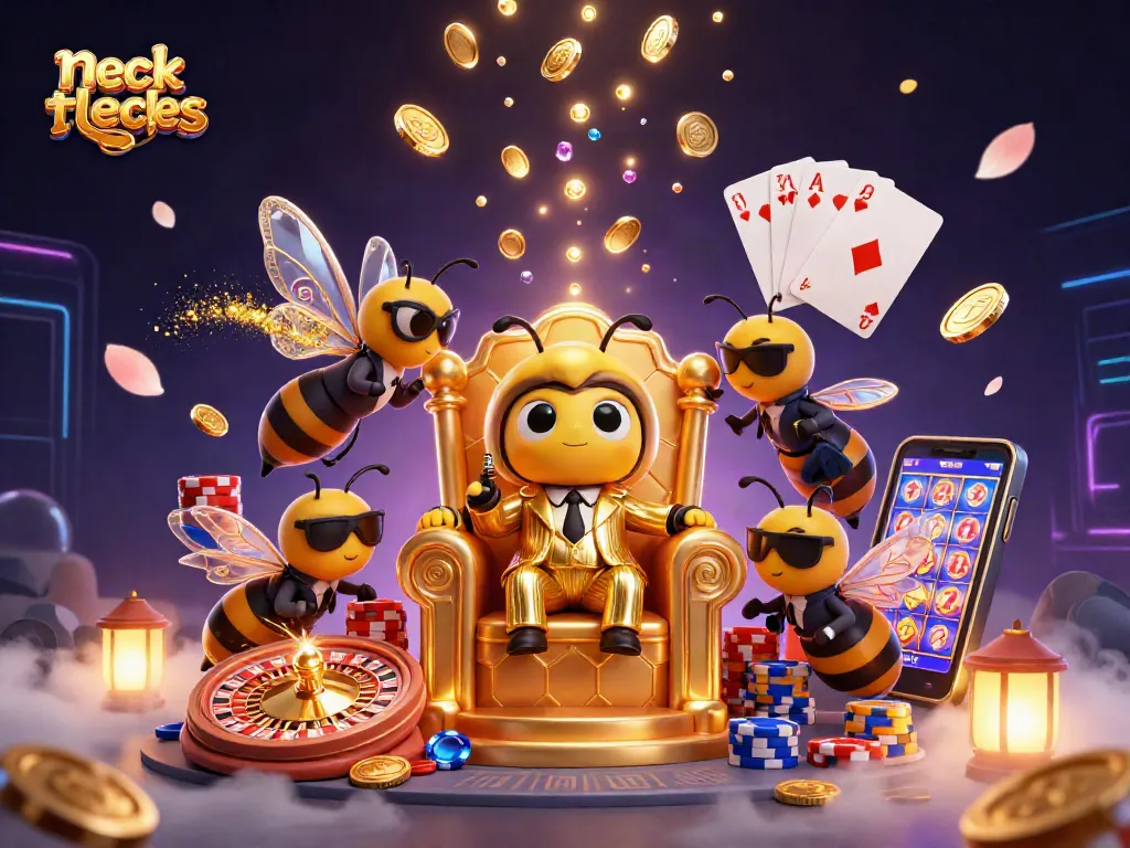 Celebrate necklace designs with a bumblebee mob boss amidst cascading golden casino coins.