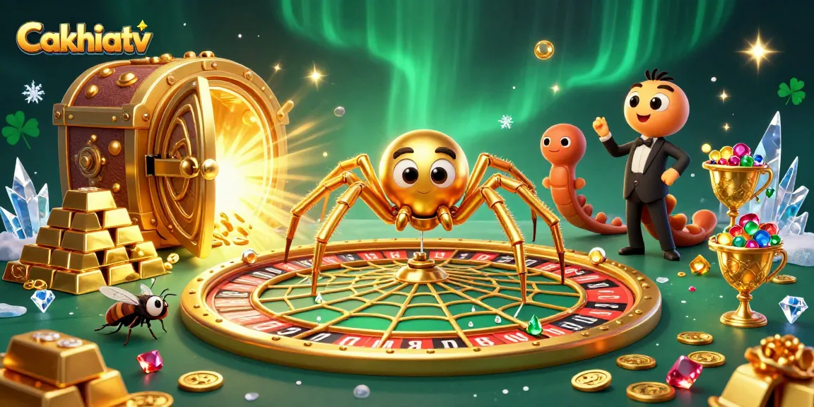 Cakhiatv features a golden spider spinning a roulette wheel web, illustrating exciting gambling action.