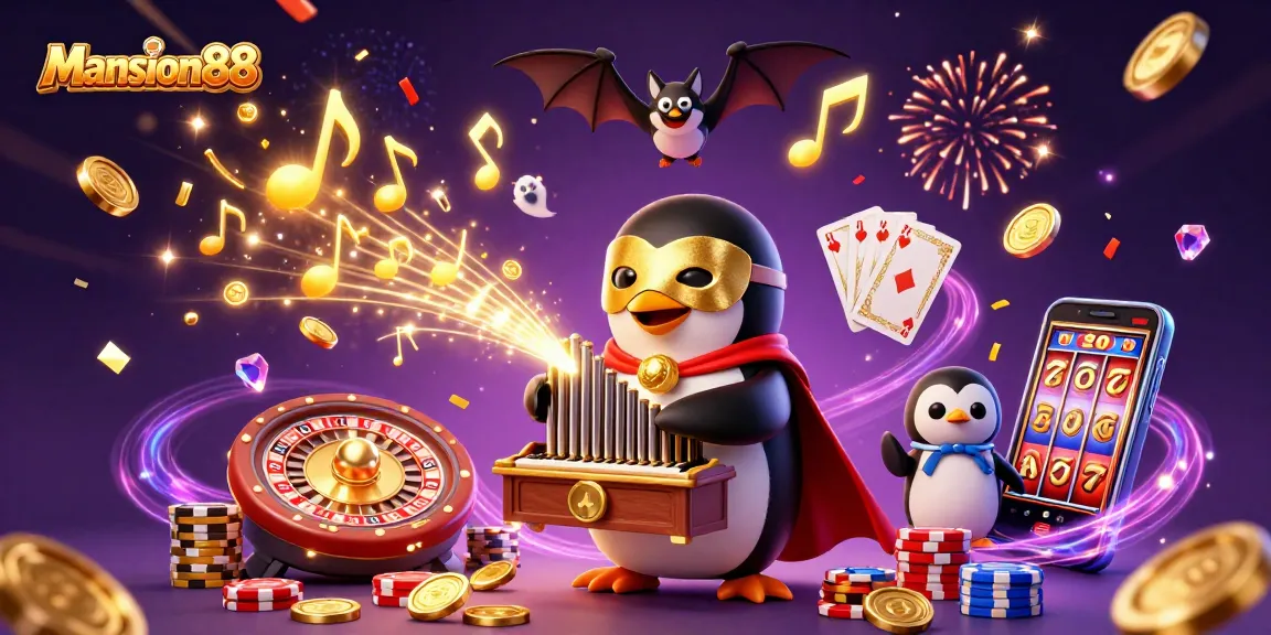 Mansion88 showcases elaborate gaming fun with a penguin playing organ, gold coins flying, and exciting casino elements.