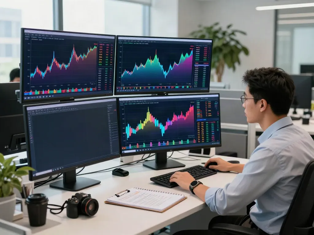 Trading analysis scene with a trader using TradingView tools in a modern office.
