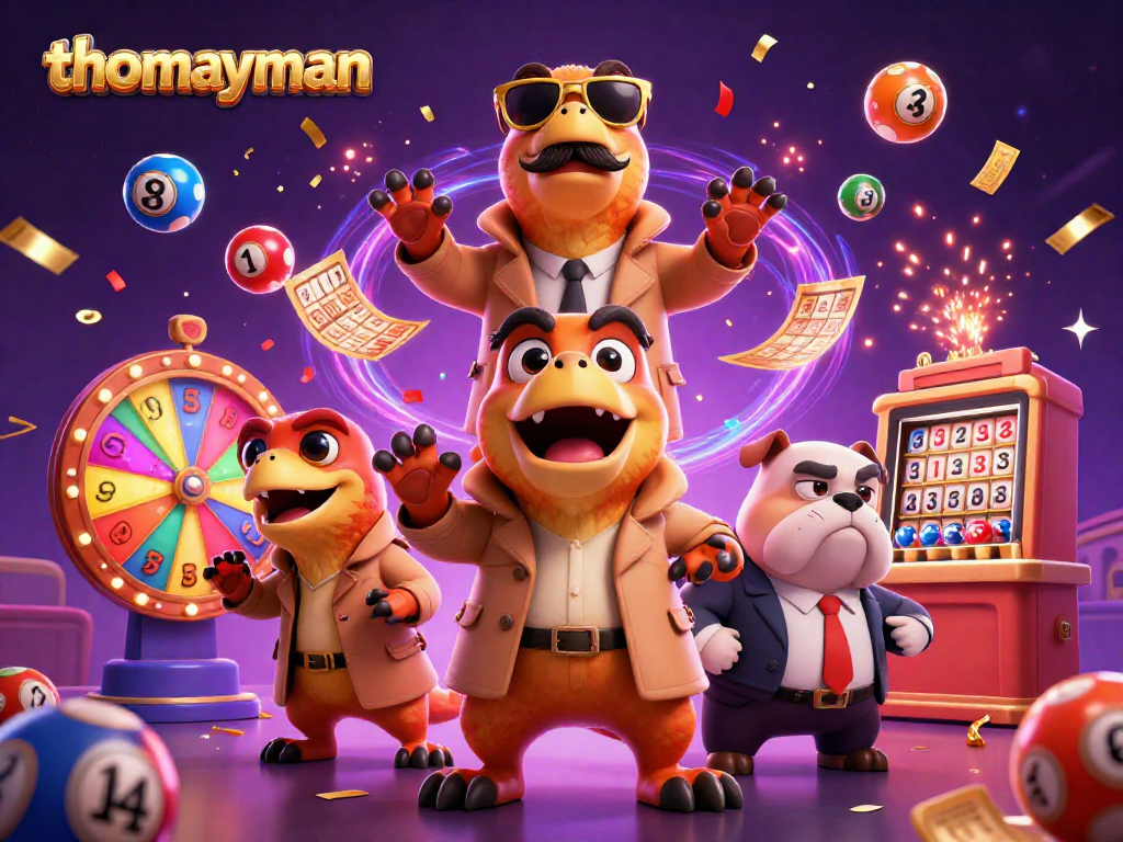 Engage with thomayman in a vibrant casino scene featuring cartoon raptors and exciting game elements.
