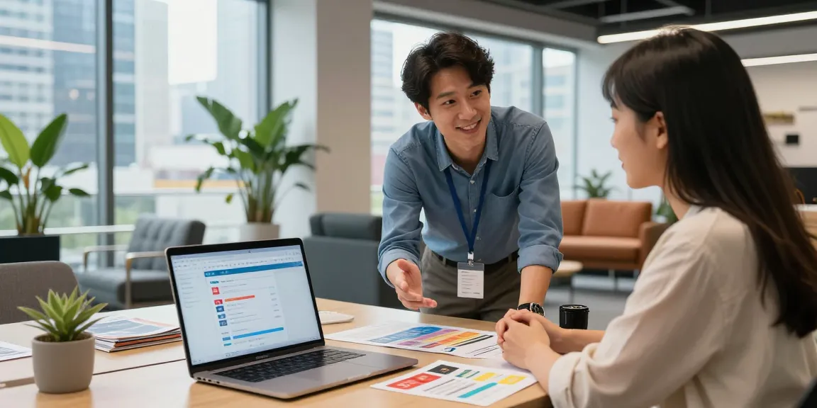 Consultant discussing 오피사이트 services with client in a modern office